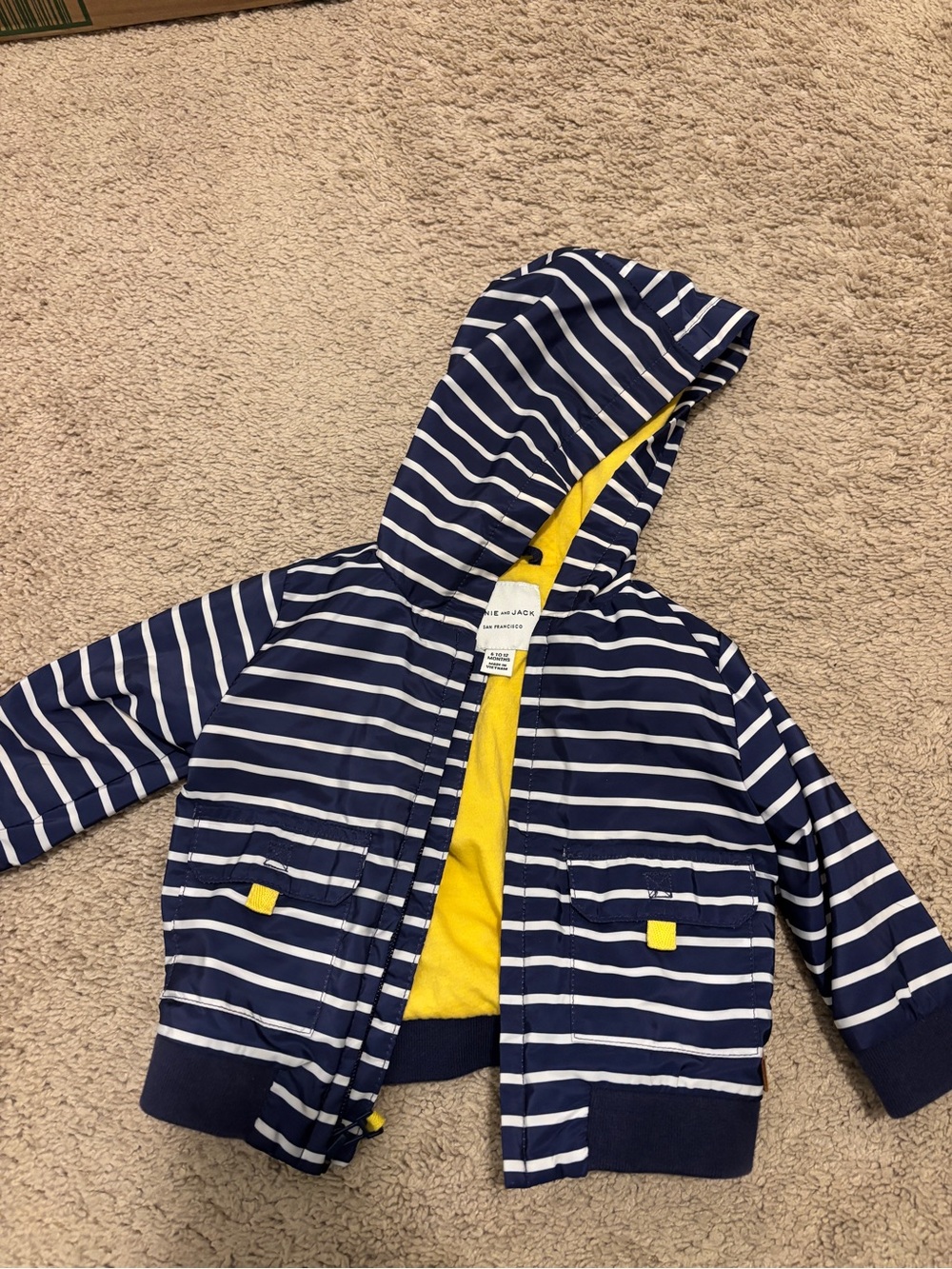 Janie and Jack Navy and White Striped Hooded Jacket with Yellow Lining
